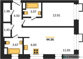 Планировка однокомнатной(апартаменты) площадью 44.56 квадратных метров в “ЖК N’ICE LOFT (Найс Лофт)”