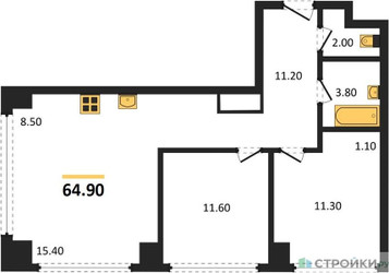 Планировка двухкомнатной(квартира) площадью 64.9 квадратных метров в ЖК “ЖК Very (Вери)”
