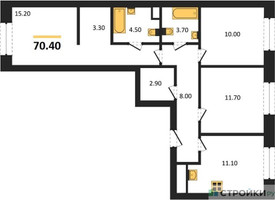 Планировка трехкомнатной(квартира) площадью 70.4 квадратных метров в “Жилые кварталы Белый Град”