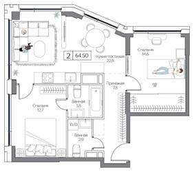 Планировка двухкомнатной(квартира) площадью 64 квадратных метров в ЖК “ЖК Дрим Рива”