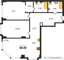 Планировка двухкомнатной(квартира) площадью 88 квадратных метров в “ЖК Мангазея на Тульской”