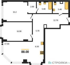 Планировка двухкомнатной(квартира) площадью 88 квадратных метров в “ЖК Мангазея на Тульской”