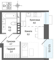 Планировка студии(квартира) площадью 22.7 квадратных метров в “ЖК КИНОКВАРТАЛ”