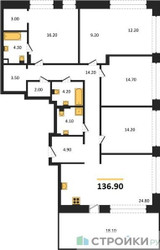 Планировка 4+ комнатной(квартира) площадью 136.9 квадратных метров в ЖК “ЖК Shagal (Шагал)”