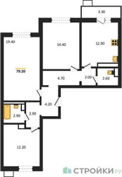 Планировка трехкомнатной(квартира) площадью 79.2 квадратных метров в ЖК “ЖК Пироговская Ривьера”