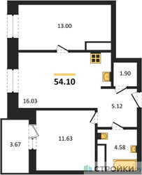 Планировка двухкомнатной(квартира) площадью 54.1 квадратных метров в ЖК “ЖК ВОСТОК II”