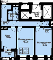Планировка двухкомнатной(квартира) площадью 58.9 квадратных метров в ЖК “ЖК Атлантис”