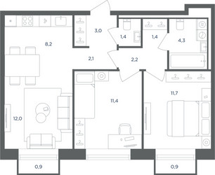 Планировка трехкомнатной(квартира) площадью 58.3 квадратных метров в ЖК “ЖК Равновесие”
