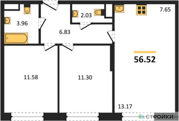 Планировка двухкомнатной(квартира) площадью 56.52 квадратных метров в ЖК “ЖК Движение. Говорово”