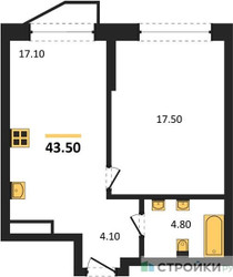 Планировка однокомнатной(квартира) площадью 43.5 квадратных метров в ЖК “ЖК Символ”