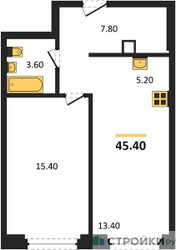 Планировка однокомнатной(квартира) площадью 45.4 квадратных метров в ЖК “ЖК Мираполис”