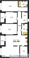 Планировка трехкомнатной(квартира) площадью 121.4 квадратных метров в “ЖК Первый квартал”