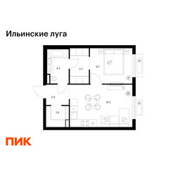 Планировка однокомнатной(квартира) площадью 40.2 квадратных метров в ЖК “ЖК Ильинские луга”