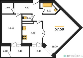 Планировка двухкомнатной(квартира) площадью 58.2 квадратных метров в “ЖК Три квартала”