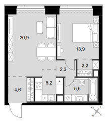 Планировка двухкомнатной(квартира) площадью 54.6 квадратных метров в ЖК “ЖК Amber City (Амбер Сити)”
