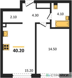 Планировка однокомнатной(квартира) площадью 40.2 квадратных метров в ЖК “ЖК Шагал”