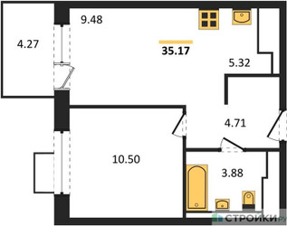 Планировка однокомнатной(квартира) площадью 35.17 квадратных метров в ЖК “ЖК Алхимово”