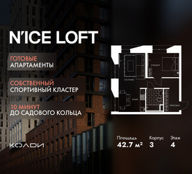 Планировка однокомнатной(апартаменты) площадью 42.7 квадратных метров в ЖК “ЖК N’ICE LOFT (Найс Лофт)”