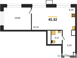 Планировка однокомнатной(квартира) площадью 45.32 квадратных метров в “ЖК EvoPark Сокольники”