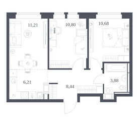 Планировка двухкомнатной(квартира) площадью 51.22 квадратных метров в ЖК “ЖК Большое Путилково”