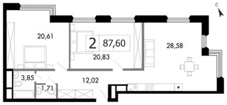 Планировка двухкомнатной(квартира) площадью 86 квадратных метров в “ЖК Городские Истории”