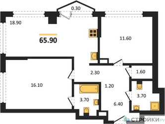 Планировка двухкомнатной(квартира) площадью 65.9 квадратных метров в ЖК “Акценты”