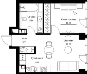 Планировка однокомнатной(квартира) площадью 38.05 квадратных метров в ЖК “ЖК Сити Бэй”