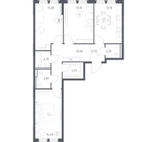 Планировка трехкомнатной(квартира) площадью 77.96 квадратных метров в “ЖК Космический Квартал”