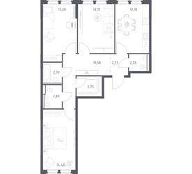 Планировка трехкомнатной(квартира) площадью 77.96 квадратных метров в ЖК “ЖК Космический Квартал”