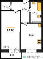 Планировка однокомнатной(квартира) площадью 49.08 квадратных метров в “ЖК Riga Hills (Рига Хиллс)”