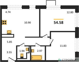 Планировка двухкомнатной(квартира) площадью 54.58 квадратных метров в “ЖК Алхимово”