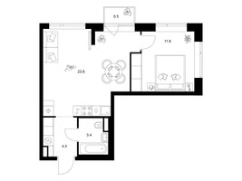 Планировка однокомнатной(квартира) площадью 43.8 квадратных метров в “Бунинская набережная”