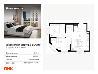 Планировка двухкомнатной(квартира) площадью 51.42 квадратных метров в ЖК “ЖК Ильинские луга”