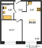 Планировка однокомнатной(квартира) площадью 34.63 квадратных метров в “ЖК Квартал Ивакино”