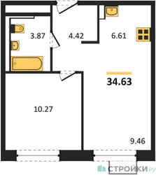 Планировка однокомнатной(квартира) площадью 34.63 квадратных метров в ЖК “ЖК Квартал Ивакино”