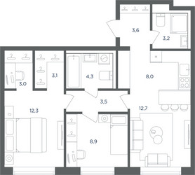 Планировка трехкомнатной(квартира) площадью 62.6 квадратных метров в ЖК “ЖК Равновесие”