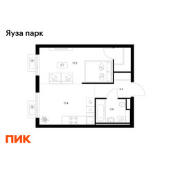 Планировка однокомнатной(квартира) площадью 33.9 квадратных метров в ЖК “ЖК Яуза Парк (Мытищи)”