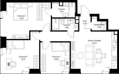 Планировка трехкомнатной(квартира) площадью 84.7 квадратных метров в ЖК “ЖК Веер”
