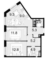 Планировка трехкомнатной(квартира) площадью 60.3 квадратных метров в “ЖК Новая Звезда (Газопровод)”