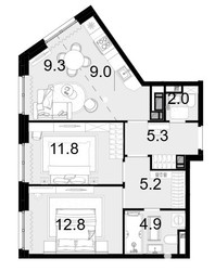 Планировка трехкомнатной(квартира) площадью 60.3 квадратных метров в ЖК “ЖК Новая Звезда (Газопровод)”