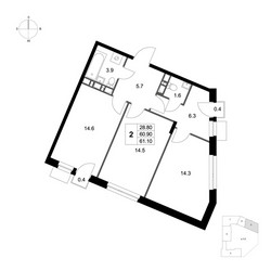 Планировка двухкомнатной(квартира) площадью 61.1 квадратных метров в ЖК “ЖК Легенда Марусино”