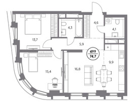 Планировка двухкомнатной(квартира) площадью 74.7 квадратных метров в “ЖК Дом 56”
