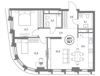 Планировка двухкомнатной(квартира) площадью 74.7 квадратных метров в ЖК “ЖК Дом 56”