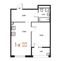 Планировка однокомнатной(квартира) площадью 45.1 квадратных метров в ЖК “ЖК Новое Летово”