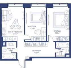 Планировка двухкомнатной(квартира) площадью 57.7 квадратных метров в ЖК “ЖК Свет”