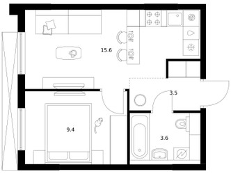 Планировка однокомнатной(квартира) площадью 32.1 квадратных метров в ЖК “ЖК Зеленый парк”