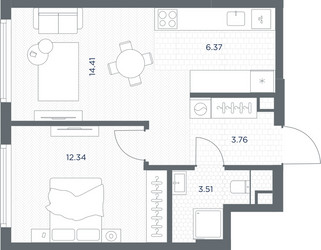 Планировка однокомнатной(квартира) площадью 40.39 квадратных метров в ЖК “ЖК TATE (Тэйт)”