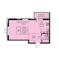 Планировка однокомнатной(апартаменты) площадью 47.6 квадратных метров в “ЖК Кашинцево”