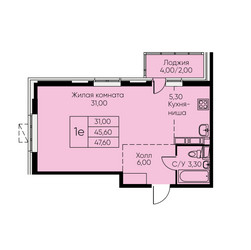 Планировка однокомнатной(апартаменты) площадью 47.6 квадратных метров в ЖК “ЖК Кашинцево”