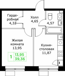 Планировка однокомнатной(квартира) площадью 39.36 квадратных метров в ЖК “ЖК КИТ 2”